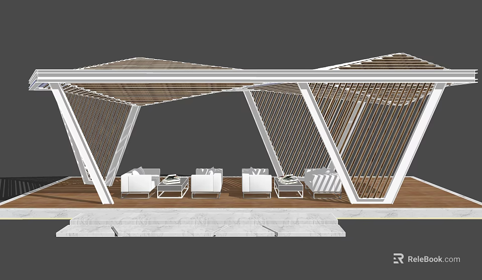 Modern Geometric Landscape Pavilion With Wooden Sunshade Roof White Sofas And Wooden Platform 3d model 