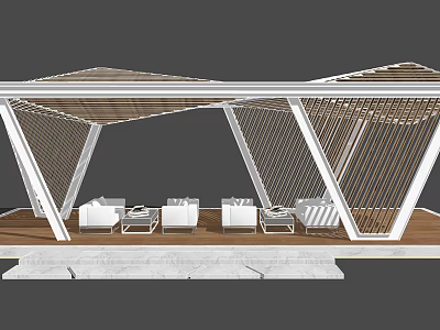 Modern Geometric Landscape Pavilion With Wooden Sunshade Roof White Sofas And Wooden Platform 3d model