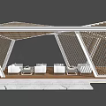 Modern Geometric Landscape Pavilion With Wooden Sunshade Roof White Sofas And Wooden Platform