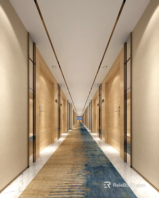 Modern Hotel Corridor With Wooden Walls Carpeted Floor And Ceiling Lights 3d model 