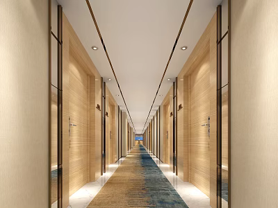 Modern Hotel Corridor With Wooden Walls Carpeted Floor And Ceiling Lights 3d model