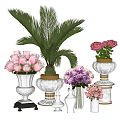 Decorative White Vases With Pink Roses Green Palm Leaves And Purple Flowers
