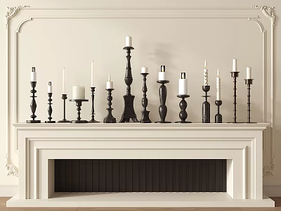 Black Candle Holders With White Candles On Decorative Fireplace Mantel Various Styles 3d model