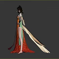 Ancient Costume Female Character In Red Green Robe With Flowing Sleeves And Ornate Hairstyle