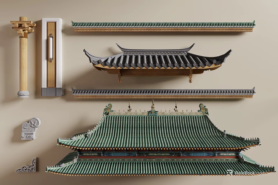 Ancient Traditional Chinese Architecture With Classic Roof Structure Green Glazed Tiles And Ornate Eaves 3d model 