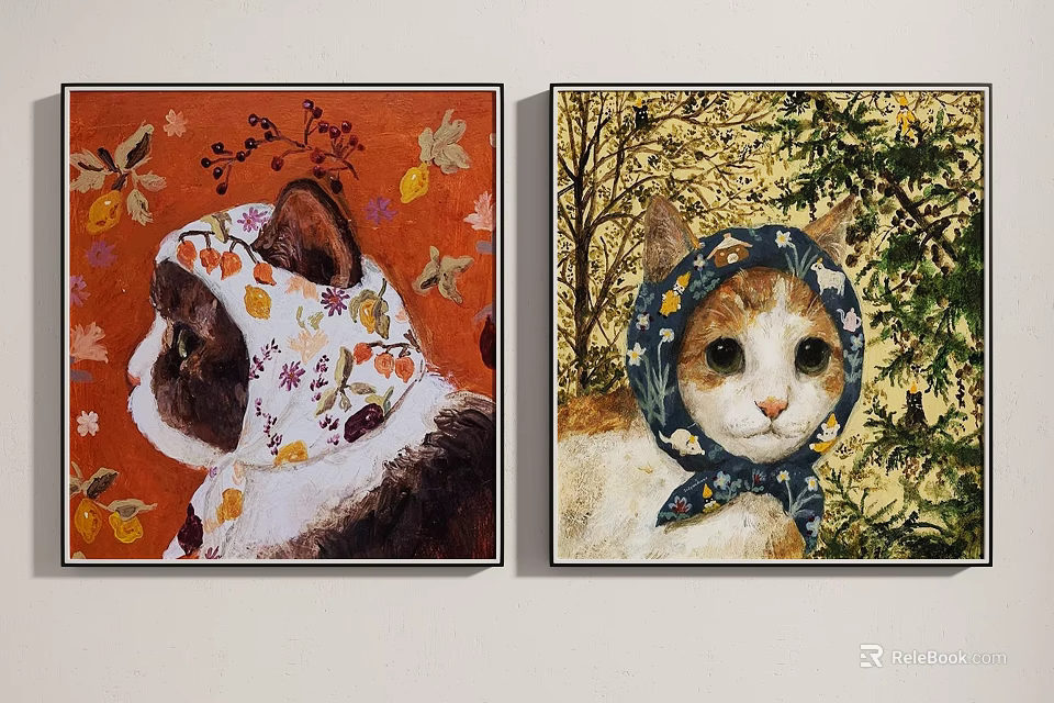 Animal Paintings of Cats Wearing Colorful Headscarves on Orange and Green Backgrounds 3d model 