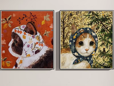 Animal Paintings of Cats Wearing Colorful Headscarves on Orange and Green Backgrounds 3d model
