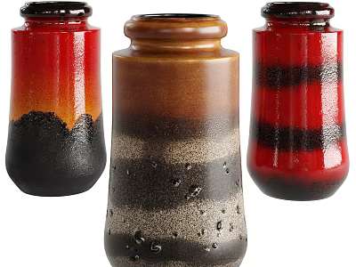 Modern Decorative Ceramic Vases with Red Brown Black Gradient Striped Speckled Design 3d model