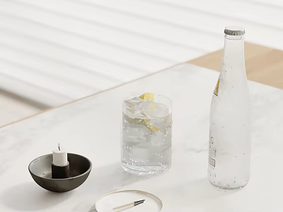 Minimalist Decorative Ornament Set With Black Bowl White Candle Glass Ice Lemon And Clear Bottle 3d model