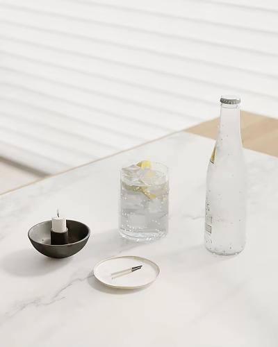 Minimalist Decorative Ornament Set With Black Bowl White Candle Glass Ice Lemon And Clear Bottle 3d model