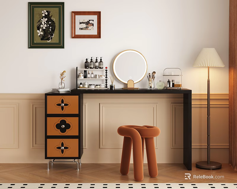 Modern Dressing Table With Round Mirror Orange Stool Floor Lamp And Framed Paintings 3d model 