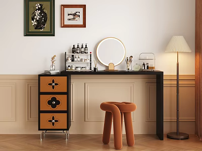 Modern Dressing Table With Round Mirror Orange Stool Floor Lamp And Framed Paintings 3d model