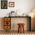 Modern Dressing Table With Round Mirror Orange Stool Floor Lamp And Framed Paintings