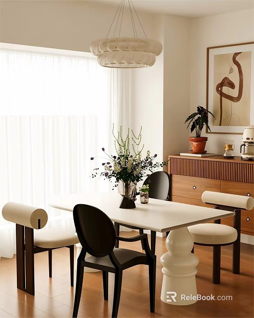 Modern Restaurant Interior With White Dining Table Black Chairs Vase Flowers And Decorative Painting 3d model 