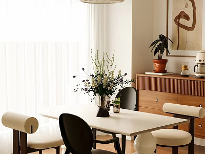 Modern Restaurant Interior With White Dining Table Black Chairs Vase Flowers And Decorative Painting 3d model