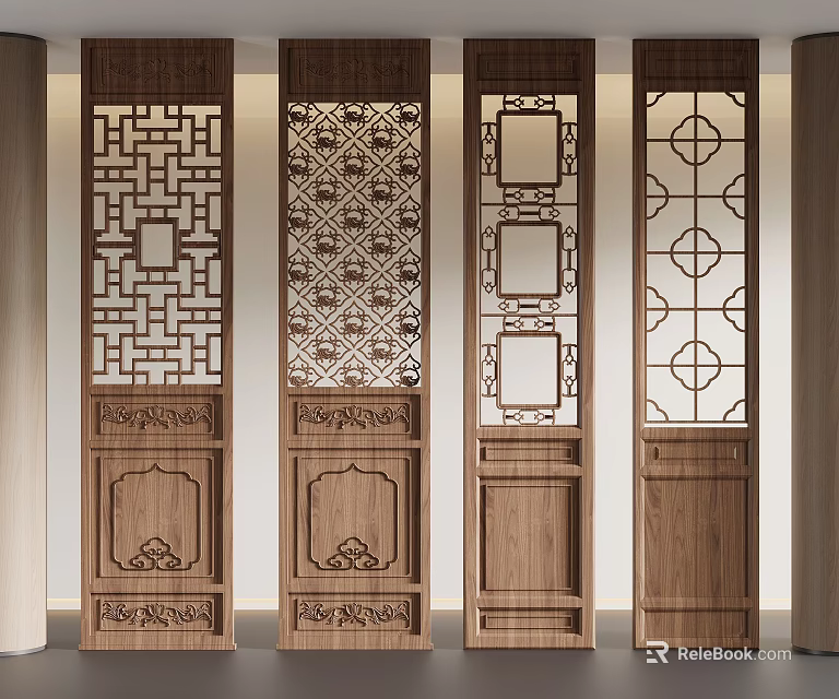 Traditional Chinese Wooden Screens With Carved Lattice Patterns And Decorative Panels 3d model 