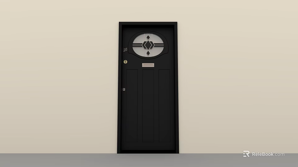 Black Security Door With Circular Decorative Window Vertical Panels And Door Lock 3d model