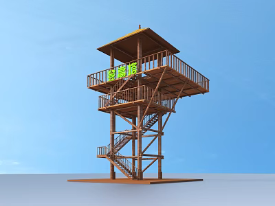 Outdoor Wooden Watchtower Structure With Multiple Platforms Staircases And Railings 3d model