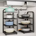 Kitchenware Organization In Modern Kitchen With Multi Layer Storage Rack And Pots Dishes