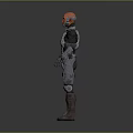 Futuristic 3D Character with Red Head Wearing Silver and Black Armor