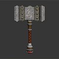 Ornate War Hammer With Metal Plates Intricate Carvings And Red Braided Handle