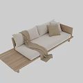 Modern Two Seater Sofa With Wooden Frame Light Beige Cushions Soft Pillows And Throw Blanket