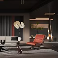 Modern Living Room With Sofa Armchairs Coffee Table Shelves And Floor Lamp