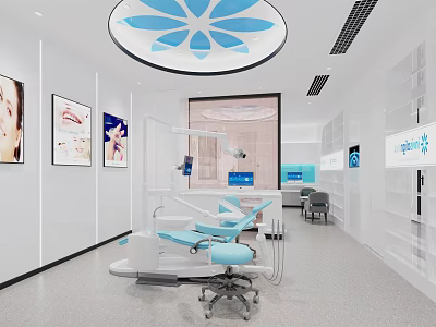 Modern Dental Clinic Interior Featuring Blue Treatment Chair Medical Equipment And Wall 3d model