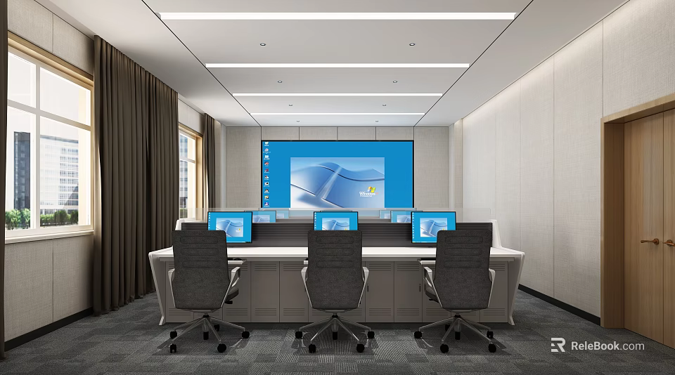 Modern Control Room Interior With Large Screen Multiple Computer Monitors And Workstations 3d model 