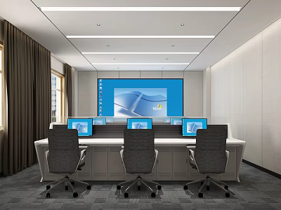 Modern Control Room Interior With Large Screen Multiple Computer Monitors And Workstations 3d model