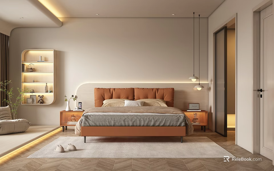 Modern Bedroom Double Bed With Wooden Headboard Nightstands And Pendant Lights On Carpet 3d model 