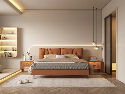 Modern Bedroom Double Bed With Wooden Headboard Nightstands And Pendant Lights On Carpet 3d model