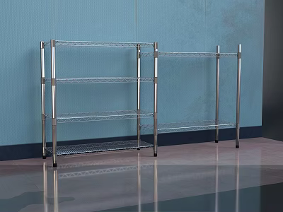 Silver Metal Multi Tiered Wire Shelving Unit Against Blue Wall With Gray Floor Reflection 3d model
