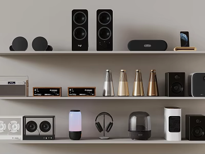 Various Types of Headphones and Speakers with Modern Design on Shelf 3d model