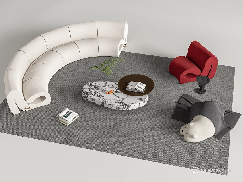 Sofa and Coffee Table Set Featuring White Curved Sofa Red Armchair Marble Table Green Plant 3d model 