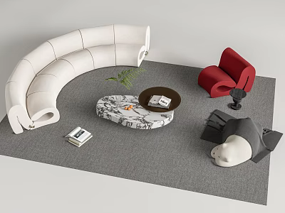 Sofa and Coffee Table Set Featuring White Curved Sofa Red Armchair Marble Table Green Plant 3d model