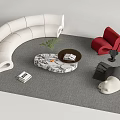 Sofa and Coffee Table Set Featuring White Curved Sofa Red Armchair Marble Table Green Plant