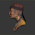 Traditional Woman Head Sculpture With Turban Large Green Earrings And Feather Necklace