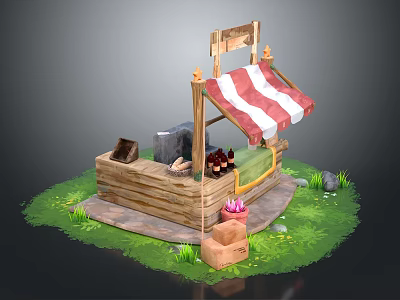 Rustic Wooden Food Stall With Red And White Striped Awning Crates And Bottles On Grass 3d model