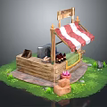 Rustic Wooden Food Stall With Red And White Striped Awning Crates And Bottles On Grass