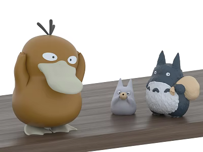 Three Animated Character Figurines Including Brown Bird And Totoro On Wooden Surface 3d model