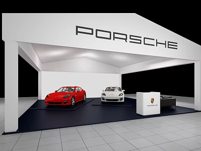 Porsche Exhibition Booth Showcasing Red and White Sports Cars with Modern White Canopy 3d model