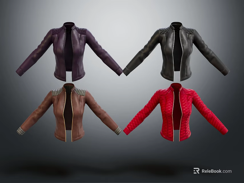 Stylish Colorful Leather Jackets in Purple Black Brown Red with Studs and Quilted Design 3d model 