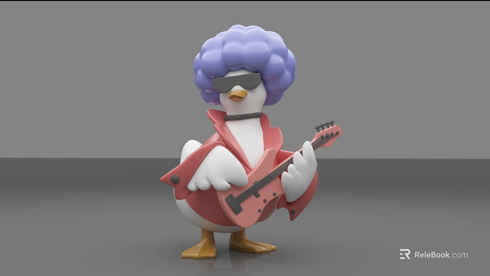 Duck Doll With Purple Curly Hair Sunglasses Pink Coat And Guitar 3d model 
