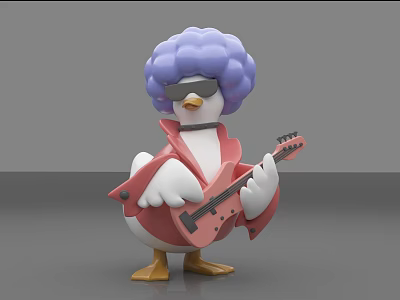 Duck Doll With Purple Curly Hair Sunglasses Pink Coat And Guitar 3d model