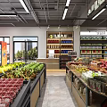 Supermarket Grocery Interior With Fresh Fruits Vegetables Shelves And Checkout Counter