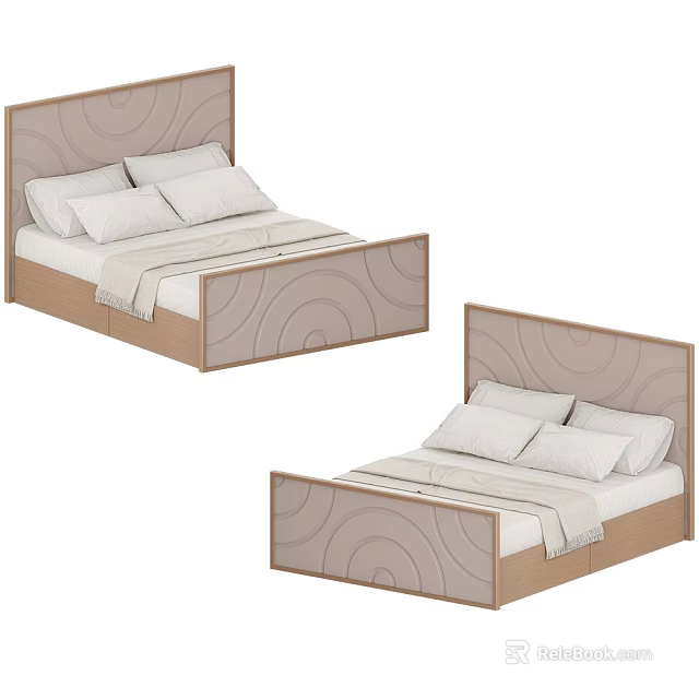 Modern Double Bed With Curved Pattern Headboard Wooden Frame And Soft Pillows 3d model
