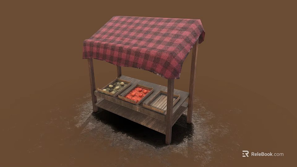 Wooden Market Stall With Red Black Checkered Canopy And Fruit Vegetable Trays 3d model 