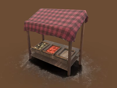 Wooden Market Stall With Red Black Checkered Canopy And Fruit Vegetable Trays 3d model