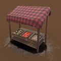 Wooden Market Stall With Red Black Checkered Canopy And Fruit Vegetable Trays